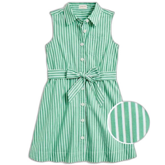J.Crew Factory Girls' Striped Tie-waist Shirt-dress. Green w/white. Size 7 - Picture 1 of 5